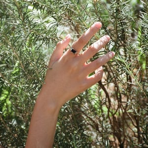 Image of Dark Blue Sapphire rectangular cut wide band silver ring