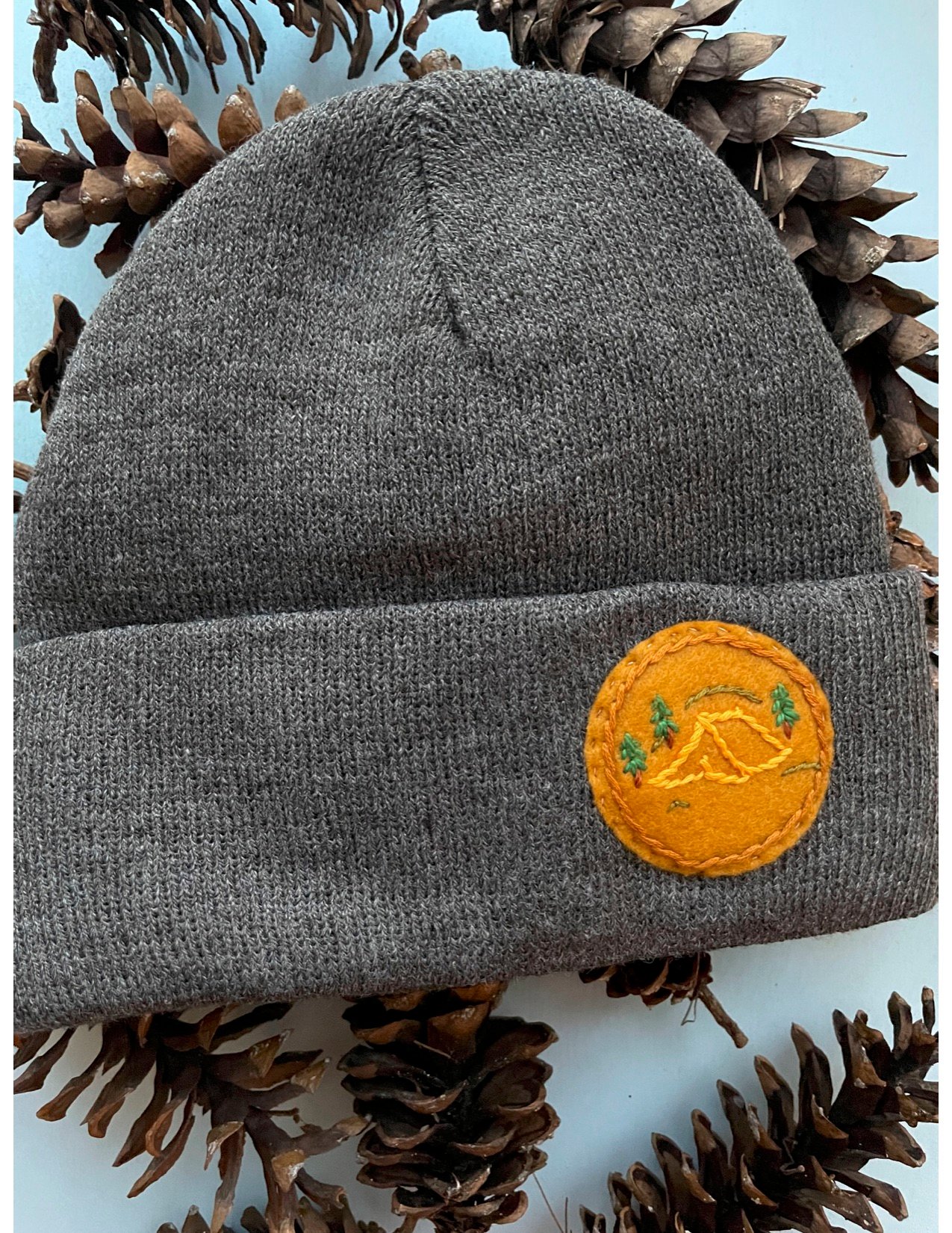 Image of Junior Size Happy Camper Tuque + charcoal cuffed small tuque with hand embroidered patch