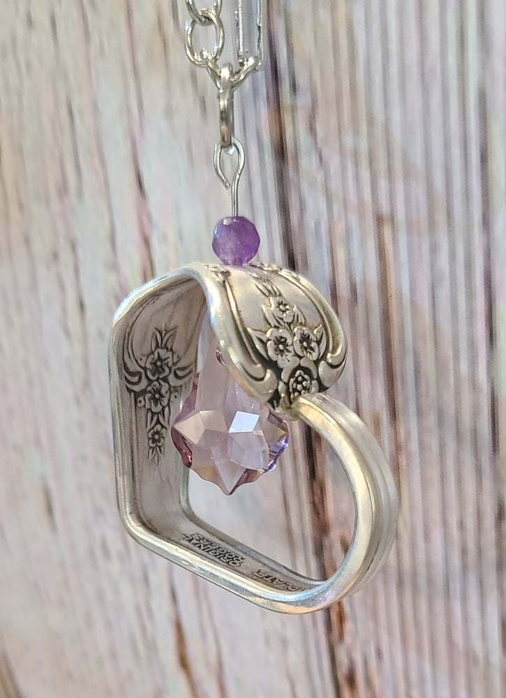 Image of Handmade Heart Necklace with Vintage Silverware-Swarovski Crystal-Amethyst-Gift Boxed - EB443