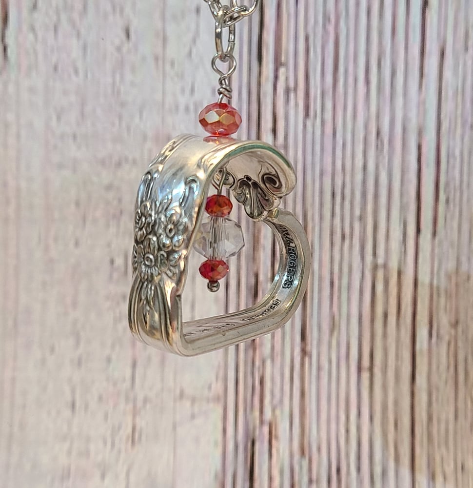 Image of Handmade Heart Necklace with Vintage Silverware-Ruby Red and Clear Crystals- Gift Boxed - EB-444