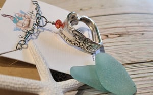 Image of Handmade Heart Necklace with Vintage Silverware-Ruby Red and Clear Crystals- Gift Boxed - EB-444