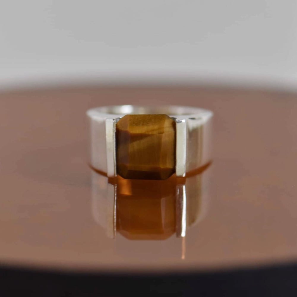 Image of Tiger Eye square cut wide band silver ring