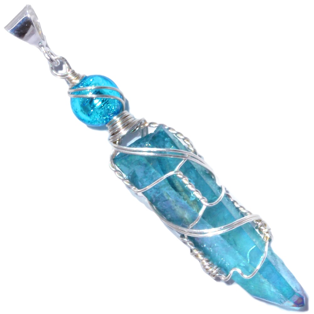 Aqua Aura Quartz Crystal Woven Wire Wrap Pendant Follower Of Christ Creations 