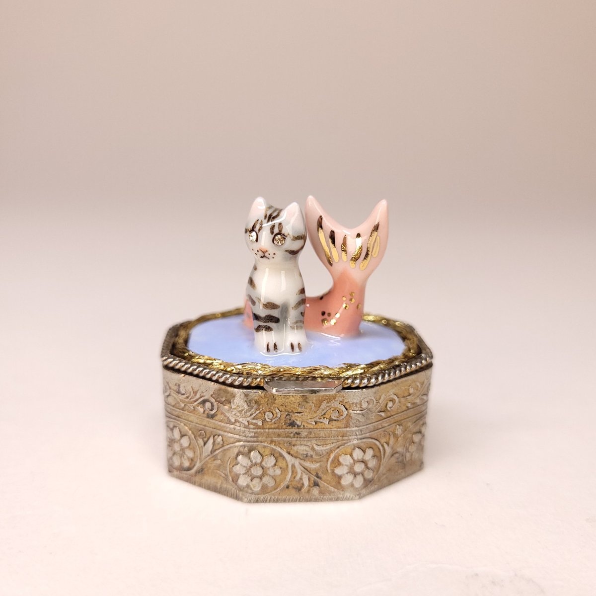 Image of Porcelain Grey Tabby Purrmaid Miniature Trinket Box