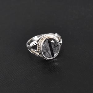 Image of Black Tourmalinated Quartz oval cut vintage style silver ring