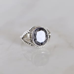 Image of Black Tourmalinated Quartz oval cut vintage style silver ring