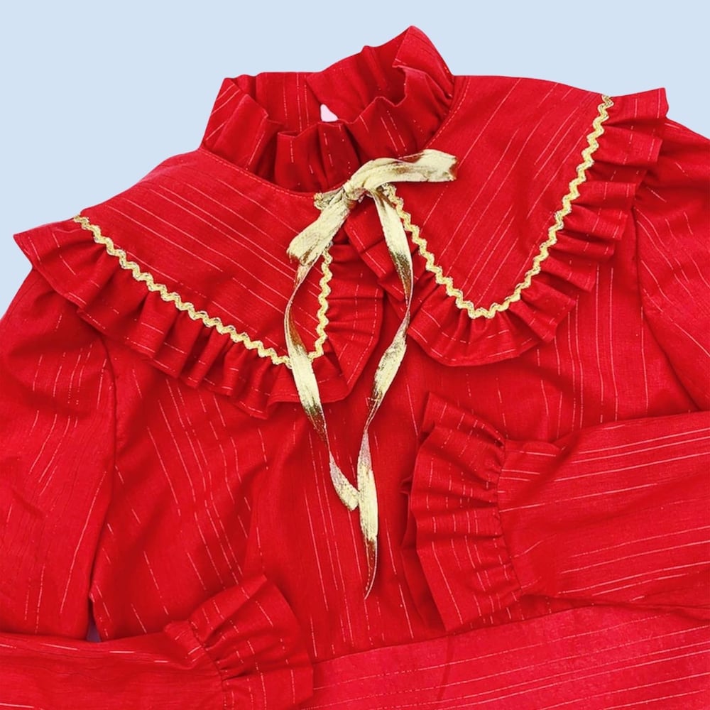 Image of Ruffle Fitted Long Sleeve Dress & Detachable Collar — Red & Gold