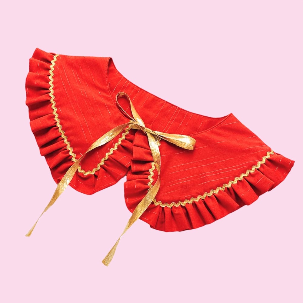 Image of Ruffle Fitted Long Sleeve Dress & Detachable Collar — Red & Gold
