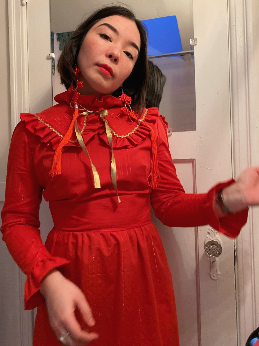 Image of Ruffle Fitted Long Sleeve Dress & Detachable Collar — Red & Gold