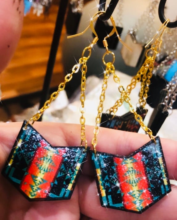 Image of Wooden Pendleton print earrings 