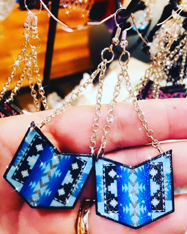 Image of Blue Pendleton wooden earrings 