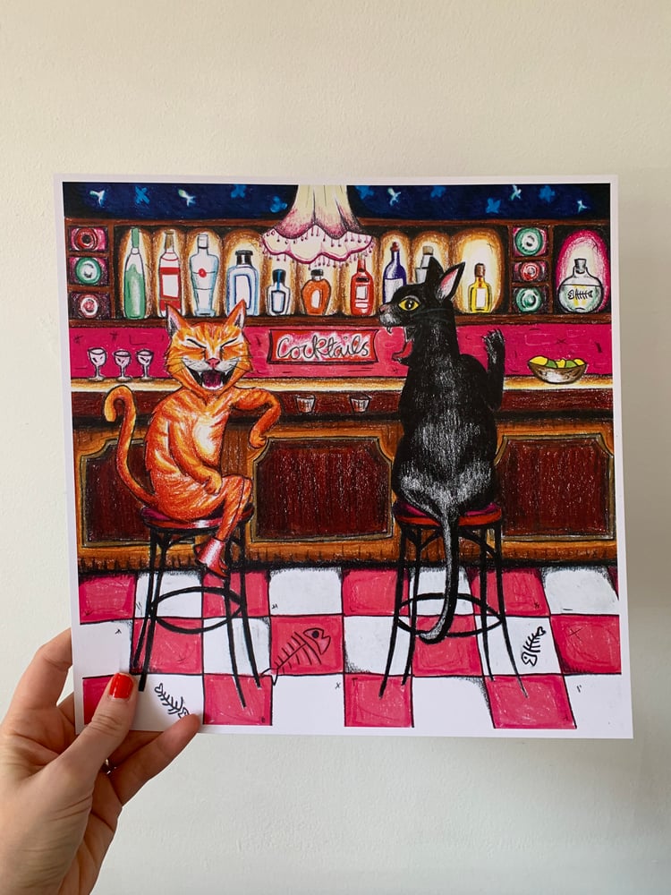 Image of A Couple Of Cats At A Cocktail Bar (Print)