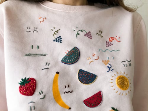 Image of Fruits of the gloom pink - one of a kind sweatshirt // hand embroidered and hand painted, unisex