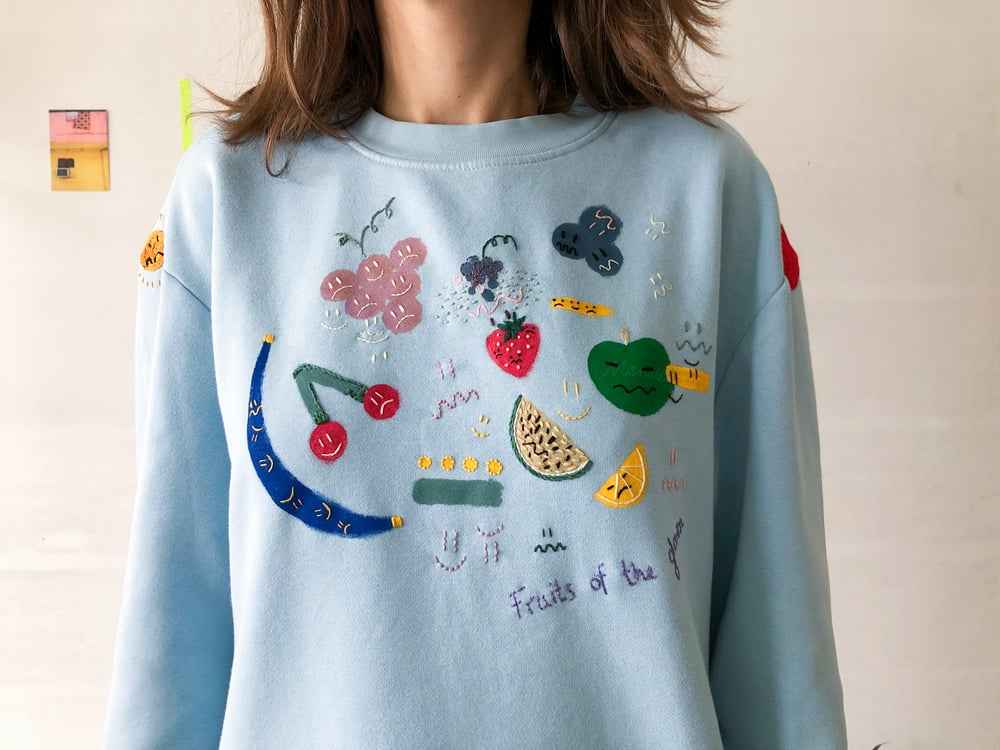 Image of Fruits of the gloom blue - one of a kind sweatshirt // hand embroidered and hand painted, upcycled