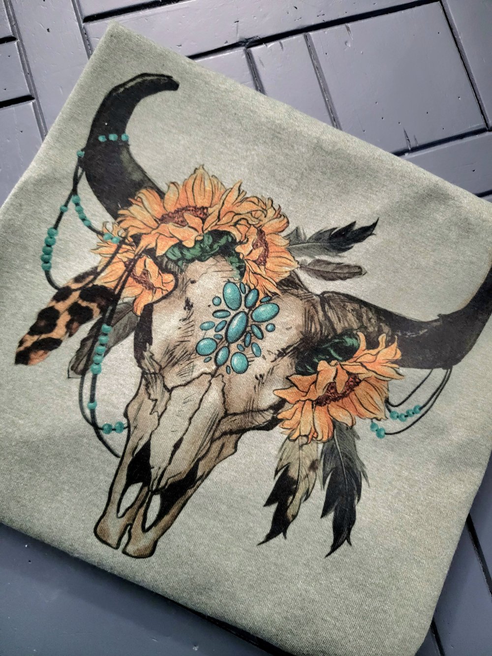 Boho Sunflower Bull Skull Tee