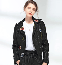 Women Floral Embroidery Faux Leather Jacket with turn down collar