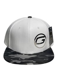 Image 1 of Polyester/Leather 2 Tone Camouflage Snap Back w Foil (G) logo
