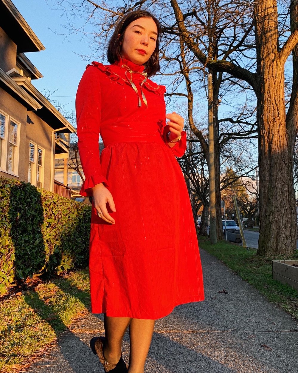 Image of Ruffle Fitted Long Sleeve Dress & Detachable Collar — Red & Gold
