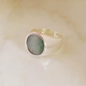 Image of Vietnam Green Jade flat round cut silver signet ring