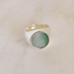 Image of Vietnam Green Jade flat round cut silver signet ring