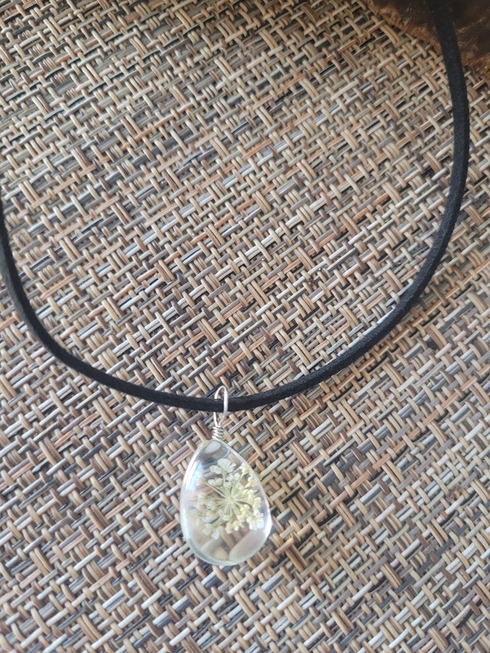 Image of Dried flower glass pendant necklace.   WHITE FLOWERS