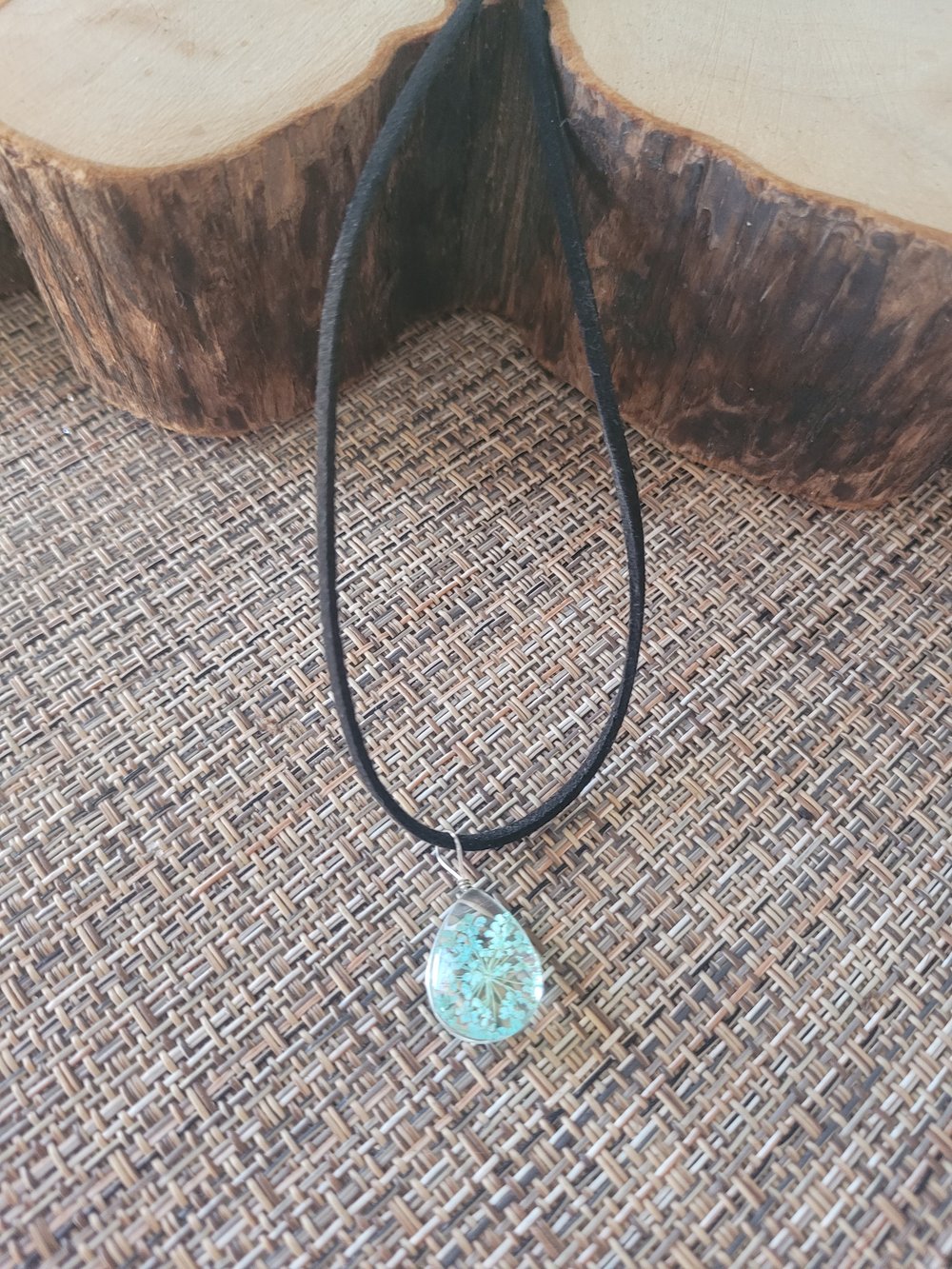 Image of MINT BLUE-ISH GREEN dried flower glass pendant necklace