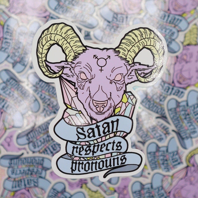Image of Satan Respects Pronouns Large Vinyl Sticker