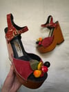 1970s suede + wooden fruit platform sandals