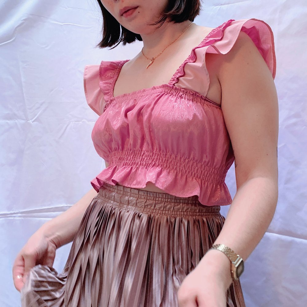 Image of Flutter Sleeve Shirred Crop Top — Bubblegum Ripples