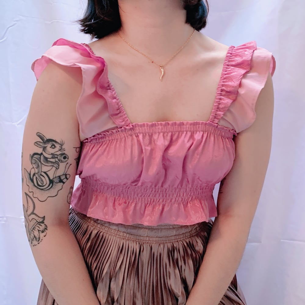 Image of Flutter Sleeve Shirred Crop Top — Bubblegum Ripples