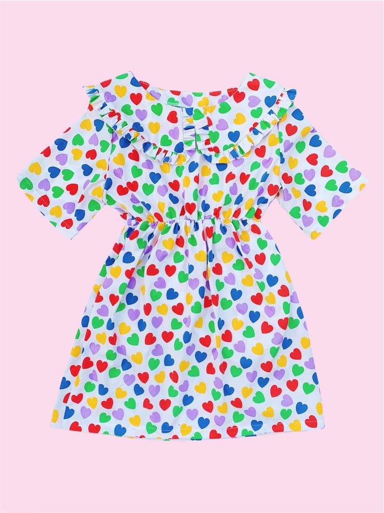 Image of Ruffle Collar Dress — Rainbow Hearts