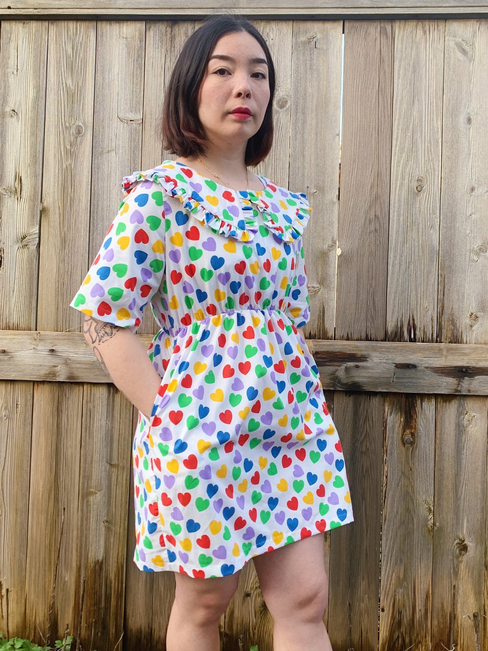 Image of Ruffle Collar Dress — Rainbow Hearts