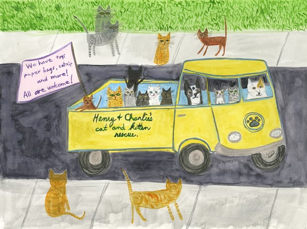 Image of Henry and Charlie's cat and kitten rescue. Original watercolor.