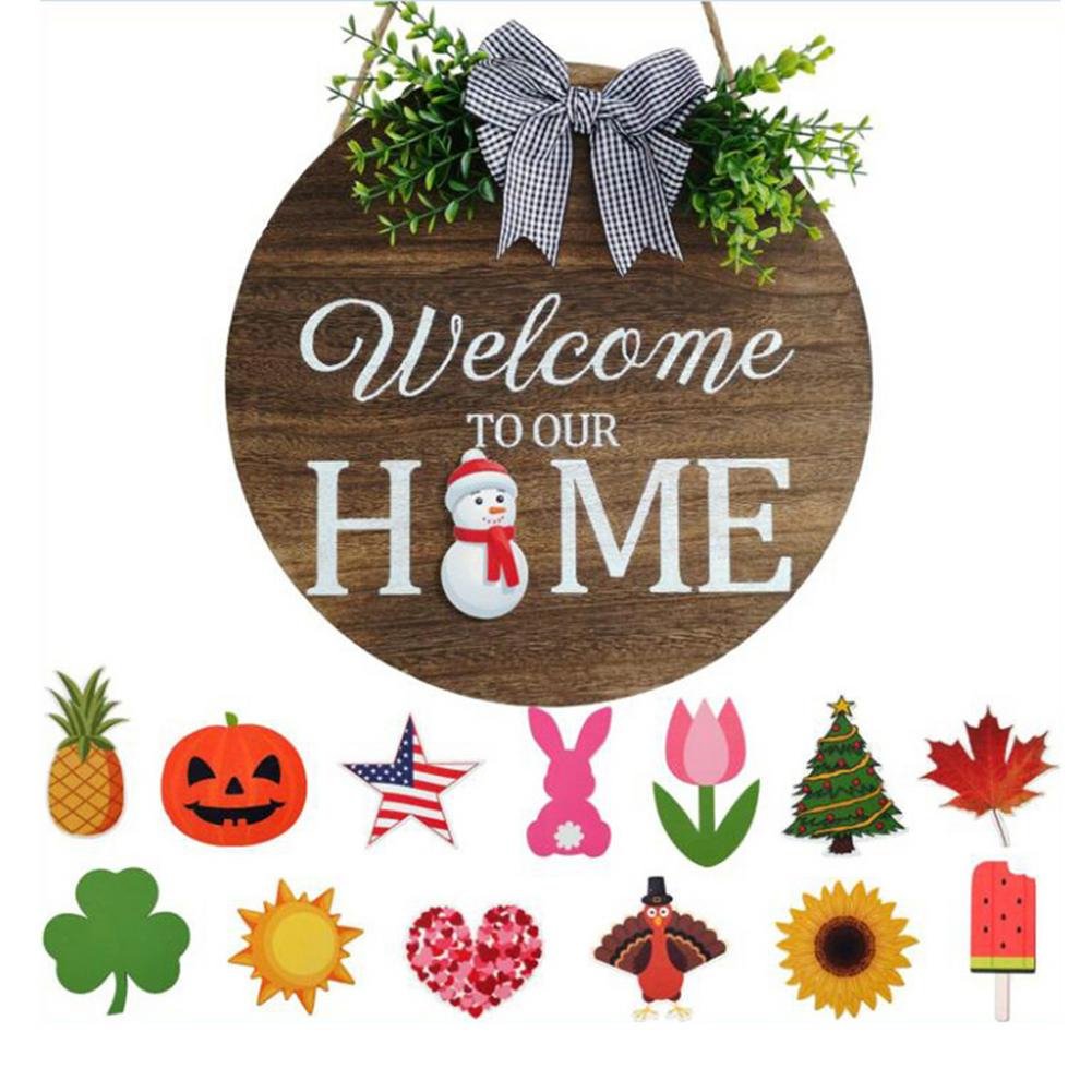 Image of DIY Creative Seasonal Interchangeable Welcome Hanging Wood Sign for Front Door