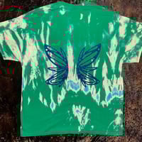 Image 1 of green bleach dye tshirt with fairy wing design