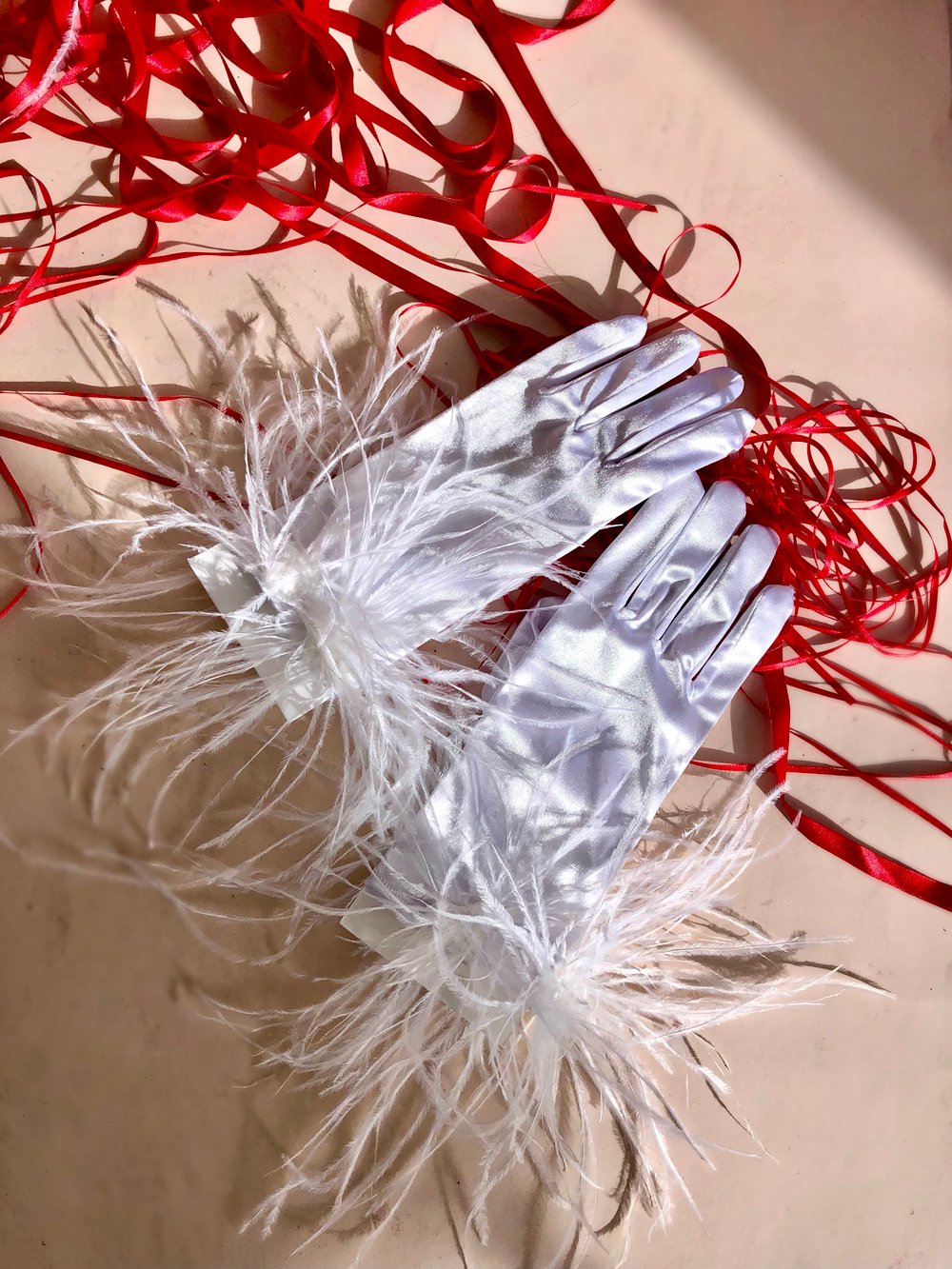 Image of Ostrich Feather Satin Gloves