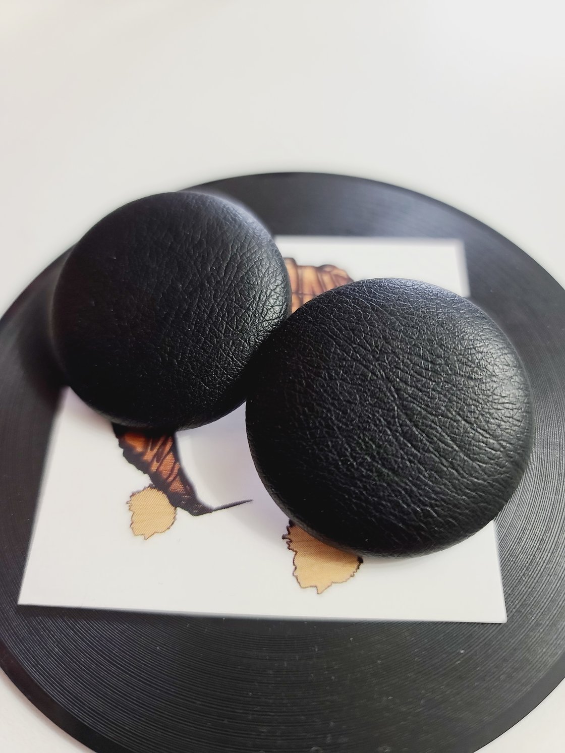 Image of Recycled Black Faux Leather Button Earrings