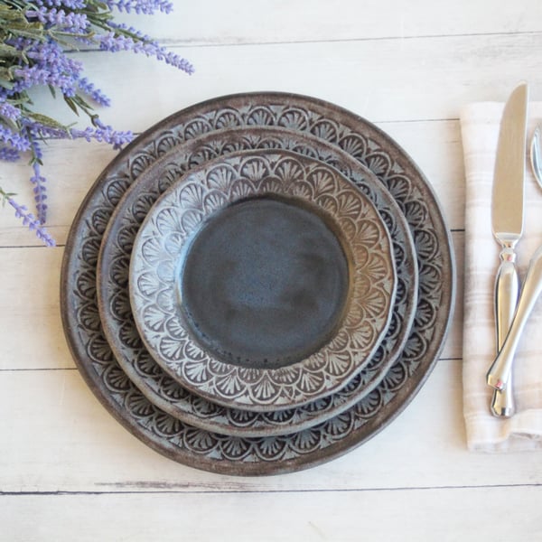 Image of Custom Order for Justin - 12 Dinner Plates in Charcoal Rustic Modern Design, Handmade in USA