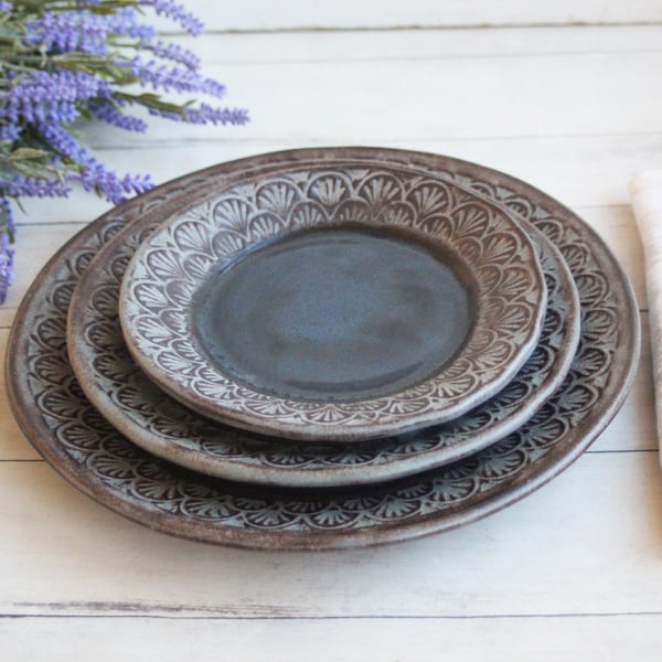 Image of Custom Order for Justin - 12 Rustic Modern Handmade Salad Plates in Charcoal and Midnight Blue 