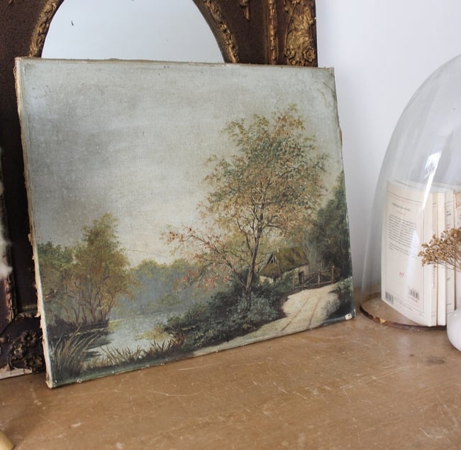 Huile sur toile. La chaumière au bord de l'étang