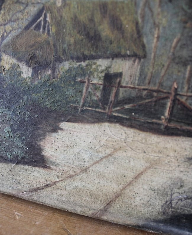 Huile sur toile. La chaumière au bord de l'étang