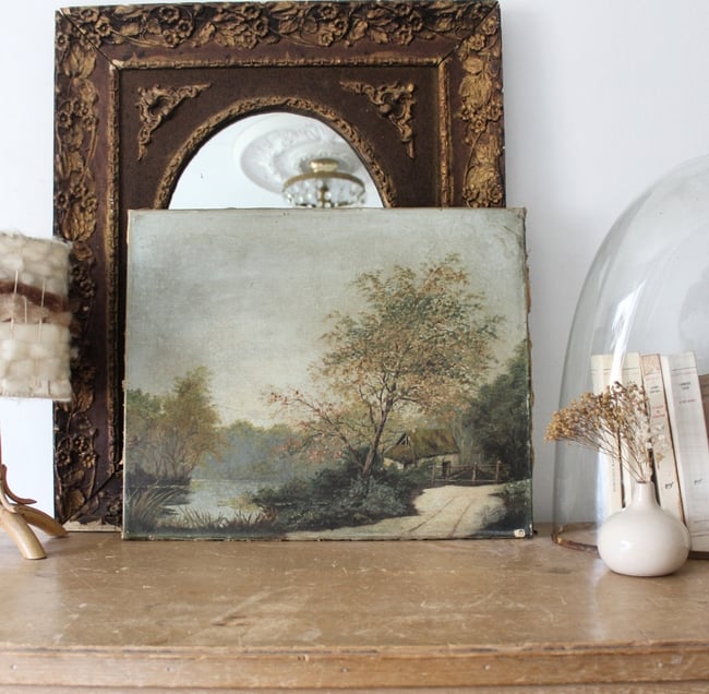 Huile sur toile. La chaumière au bord de l'étang