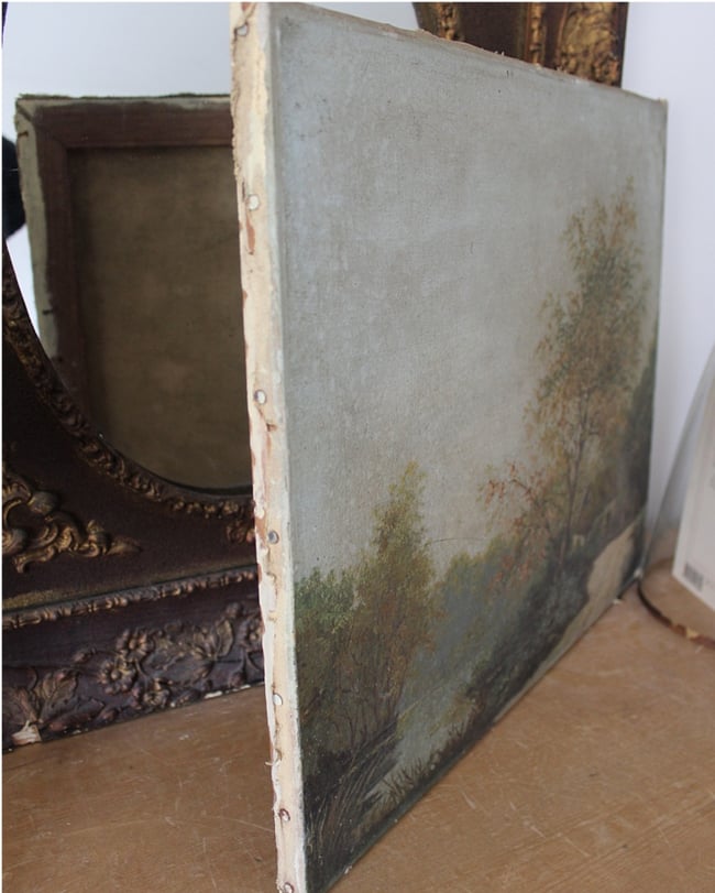 Huile sur toile. La chaumière au bord de l'étang