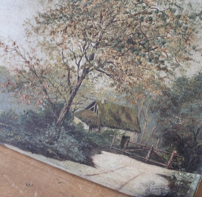 Huile sur toile. La chaumière au bord de l'étang