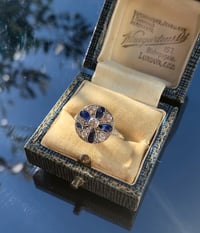 Image 2 of Art Deco Platinum sapphire four leaf clover and old cut diamond pave set ring