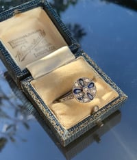 Image 3 of Art Deco Platinum sapphire four leaf clover and old cut diamond pave set ring