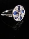 Art Deco Platinum sapphire four leaf clover and old cut diamond pave set ring