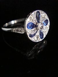 Image 4 of Art Deco Platinum sapphire four leaf clover and old cut diamond pave set ring
