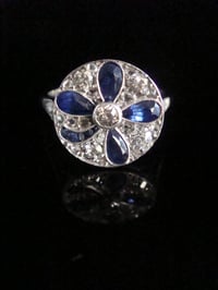 Image 1 of Art Deco Platinum sapphire four leaf clover and old cut diamond pave set ring
