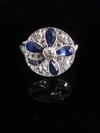 Art Deco Platinum sapphire four leaf clover and old cut diamond pave set ring